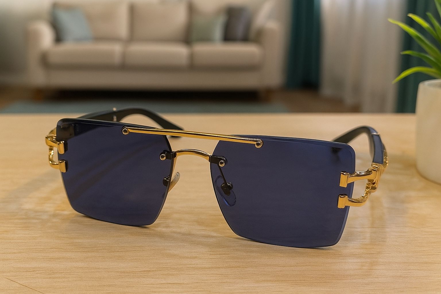  Meeran Jaguar sunglasses with blue lenses and a black/gold frame, featuring UV protection